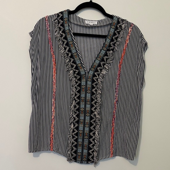 THML Tops - THML Black and White Striped Blouse with Colorful Embroidery